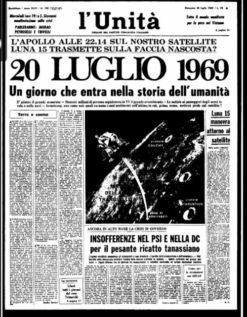 L'unità dedica la prima pagina allo sbarco lunare: "20 luglio 1969. Un giorno che entra nella storia dell'umanità".