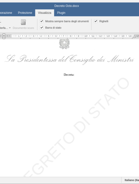 Una schermata di OnlyOffice con un documento aperto.

La pagina visibile è vuota eccetto per l'intestazione recante "La Presidentessa del Consiglio dei Ministri", e una filigrana "SEGRETO DI STATO".