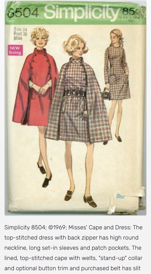 Vintage sewing pattern showing wool /plaid capes and dresses from 1969