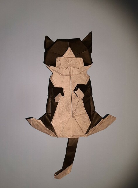 Gattino in origami, con la pancia all'aria.